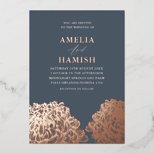 Modern Roos Goud & Blauw Bloemen Bruiloft Folie Uitnodiging (Voorkant)