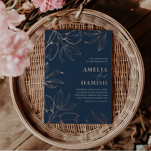 Modern Roos Goud & Blauw Bloemen Bruiloft Folie Uitnodiging