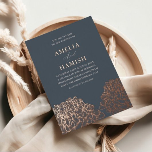 Modern Roos Goud & Blauw Bloemen Bruiloft Folie Uitnodiging