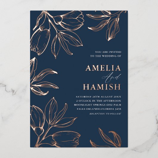 Modern Roos Goud & Blauw Bloemen Bruiloft Folie Uitnodiging (Voorkant)