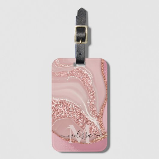 Modern Roos Goud Chique Glitter Monogram Bagagelabel (Voorkant (verticaal))