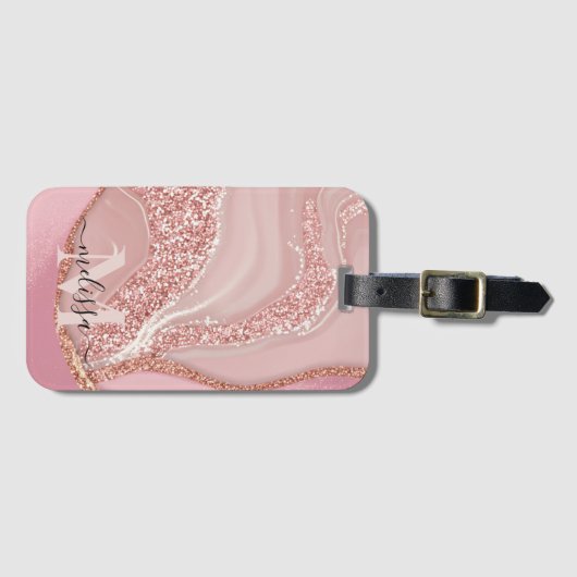 Modern Roos Goud Chique Glitter Monogram Bagagelabel (Voorkant (horizontaal))