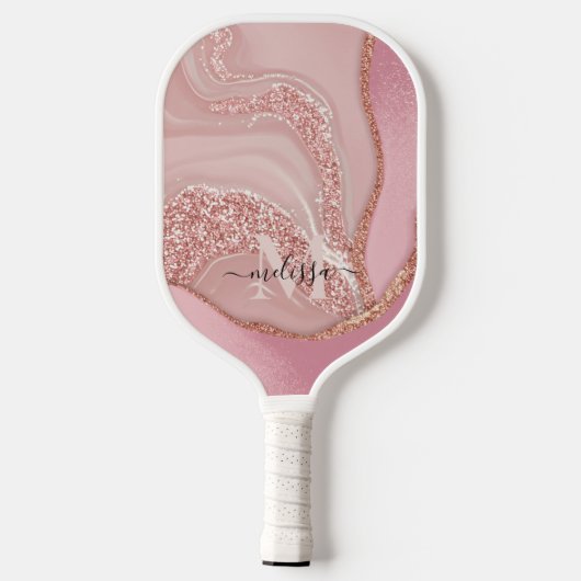 Modern Roos Goud Chique Glitter Monogram Pickleball Paddle (Achterkant)