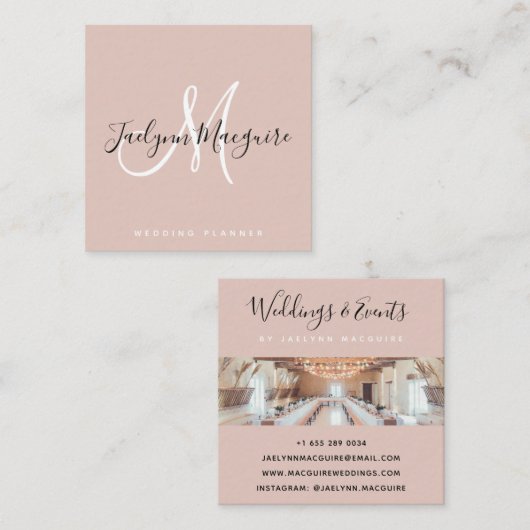 Modern roos goud elegant script handtekening monog vierkante visitekaartje (Voorkant / Achterkant)