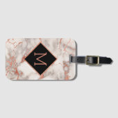 Modern roos goud en zwart monogram op marmer bagagelabel (Voorkant (horizontaal))