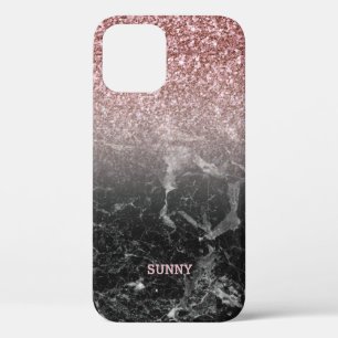 Modern Roos-goud Faux Glitter & Black Marble Ombre Case-Mate iPhone Case