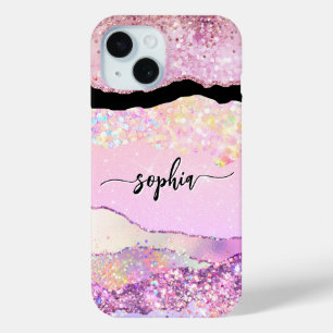 Modern roos goud glitter agaat roze girly iPhone 15 case