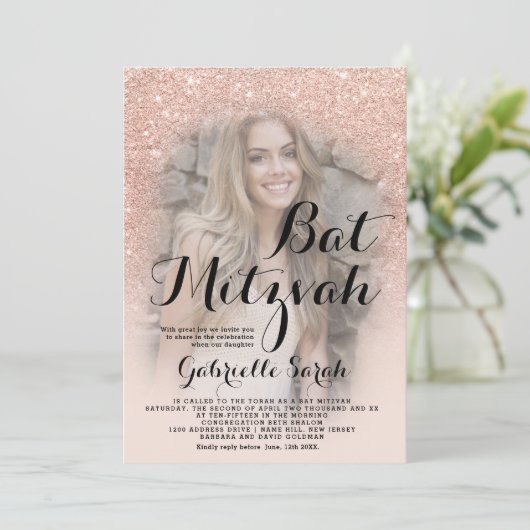 Modern roos goud glitter ombre foto Bat Mitzvah Kaart (Staand voorkant)