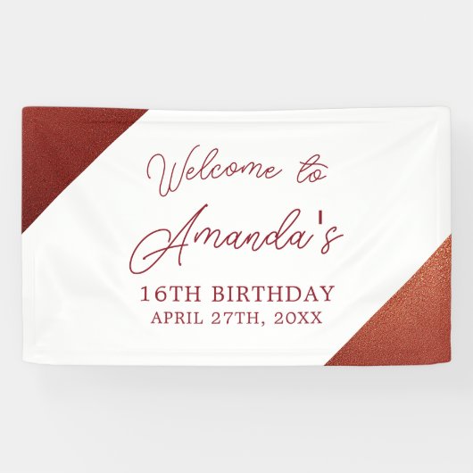 Modern Roos Goud Koper Glitter Sweet 16 Verjaardag Spandoek (Horizontaal)