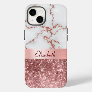 Modern Roos Goud Marmer Faux Glitter Monogram Case-Mate iPhone 14 Hoesje