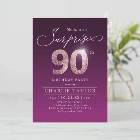 Modern roos goud paarse verrassing 90ste verjaarda kaart (Staand voorkant)
