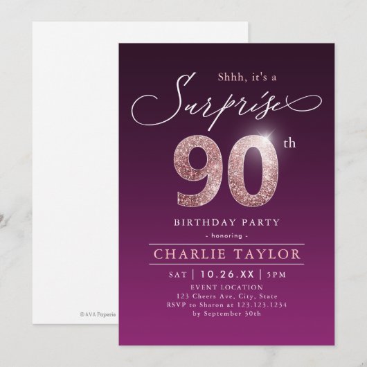 Modern roos goud paarse verrassing 90ste verjaarda kaart (Voorkant / Achterkant)