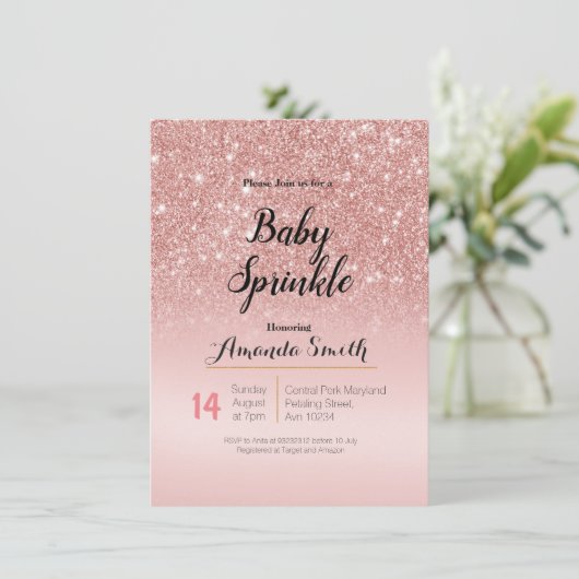 Modern Roos Goud Roze Baby Sprinkle uitnodiging (Staand voorkant)