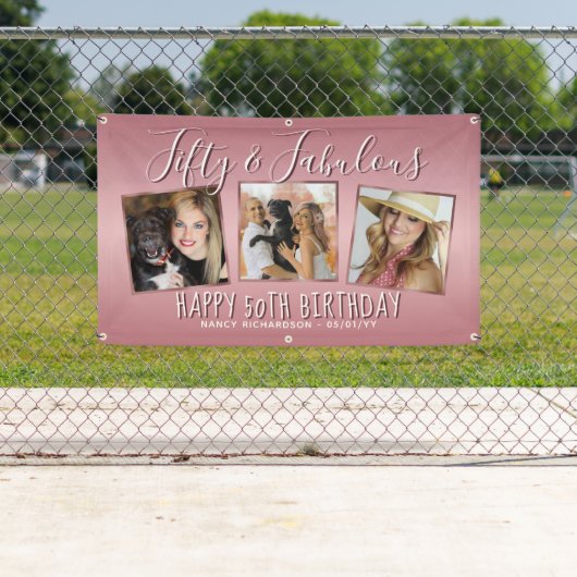 Modern Roos Goud Roze Fotocollage 50e Verjaardag Spandoek (Insitu)