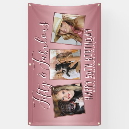 Modern Roos Goud Roze Fotocollage 50e Verjaardag Spandoek (Verticaal)