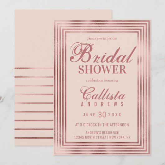 Modern Roos Goud Roze Streep Border Vrijgezellenfe Kaart (Voorkant / Achterkant)