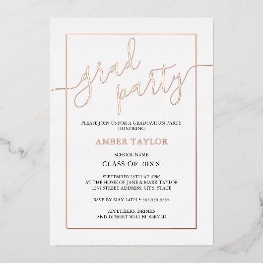 Modern Roos Goud Zwart Graduation Party Folie Uitnodiging (Voorkant)