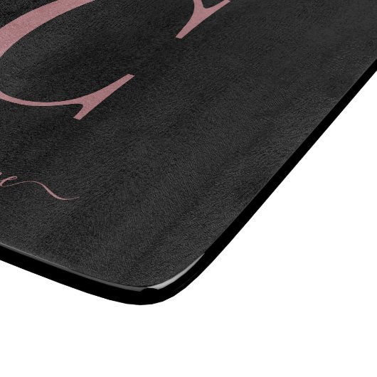 Modern Roos Goud Zwart Monogram Typografie Snijplank (Hoek)