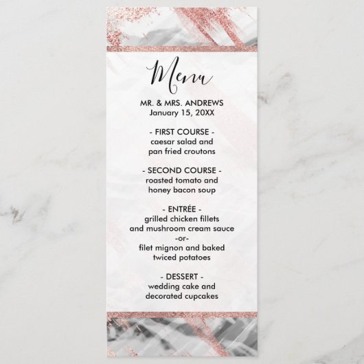 Modern Roos Goud Zwart Wit Brushstrokes Menu (Voorkant)
