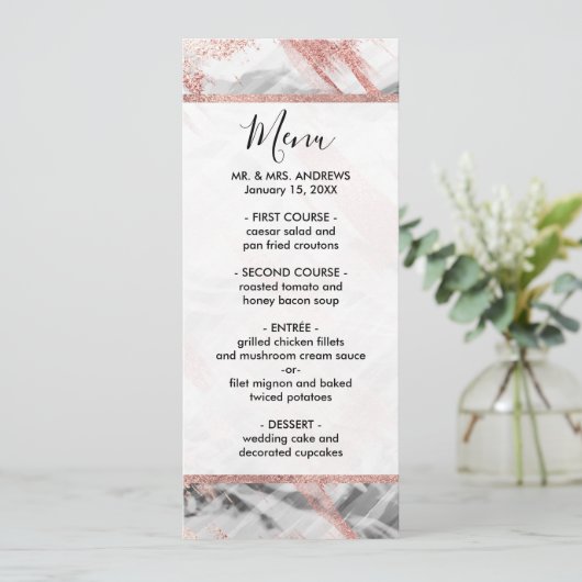 Modern Roos Goud Zwart Wit Brushstrokes Menu (Staand voorkant)