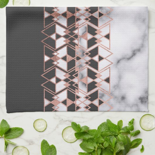Modern Roos Goud Zwart Wit Marmer Geometrisch Theedoek (Gevouwen)