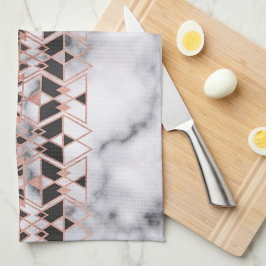 Modern Roos Goud Zwart Wit Marmer Geometrisch Theedoek (Quarter Fold)
