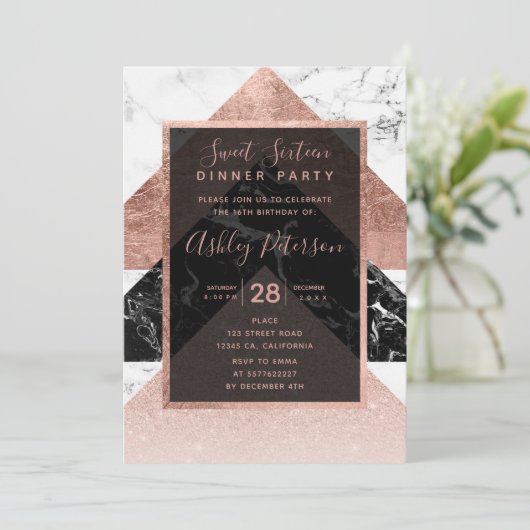 Modern roos goud zwart wit marmer Sweet 16 Kaart (Staand voorkant)