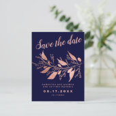 Modern roos goudblauw marineblauw sparen de datum  aankondigingskaart (Staand voorkant)