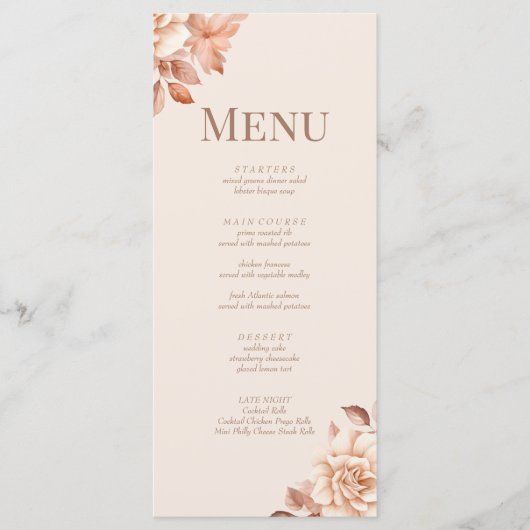 Modern Roos Gouden Bloem Monogram Trouwmenu Kaart (Voorkant)