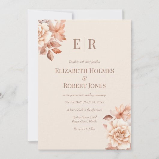 Modern Roos Gouden Bloemen Monogram Huwelijk Kaart (Voorkant)
