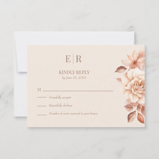 Modern Roos Gouden Bloemen Monogram Huwelijk RSVP  Bedankkaart (Voorkant)