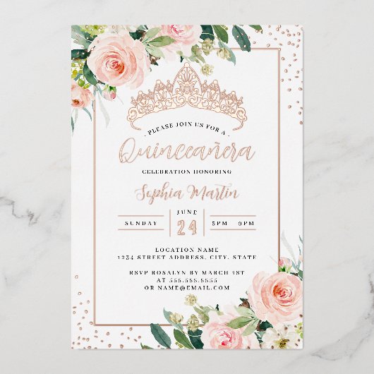 Modern Roos Gouden Bloemen Quinceanera Folie Uitnodiging (Voorkant)