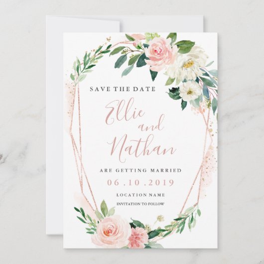 Modern Roos gouden bloemenkrans Save the Date Kaart (Voorkant)