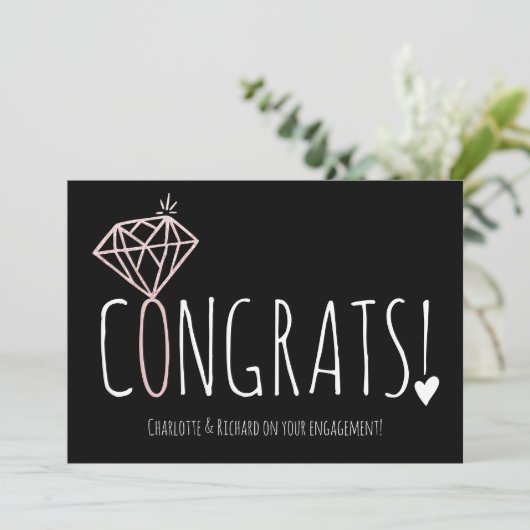 Modern roos gouden diamant congrats verloving kaart (Staand voorkant)