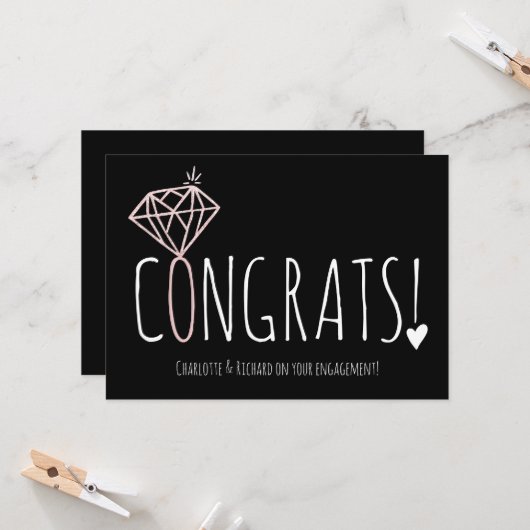 Modern roos gouden diamant congrats verloving kaart (Voorkant / Achterkant in situ)