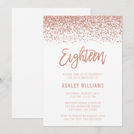 Modern Roos Gouden Faux Glitter 18e Verjaardag Kaart (Voorkant / Achterkant)