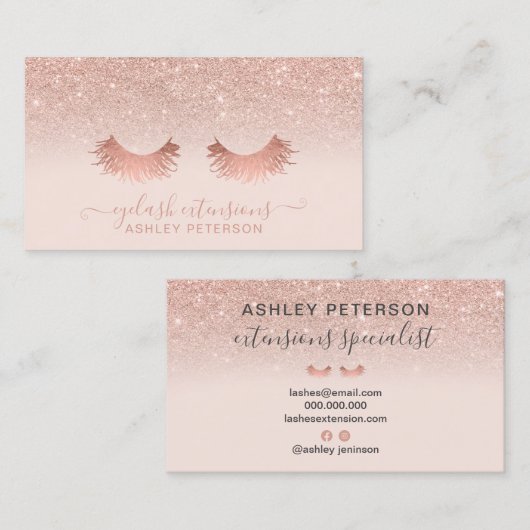 Modern roos gouden glitter blush roze wimpers visitekaartje