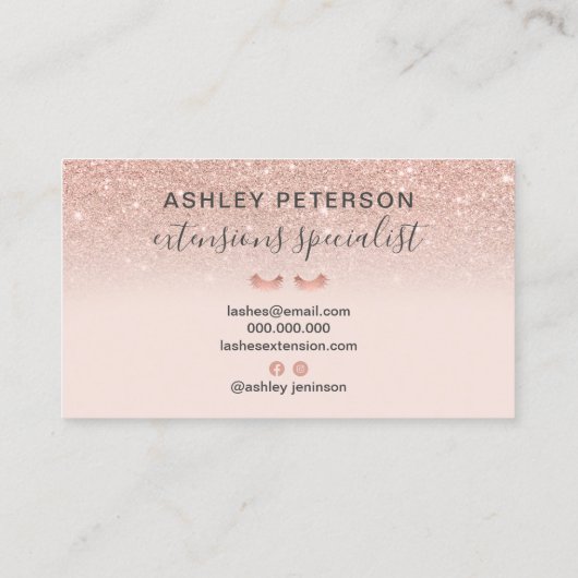 Modern roos gouden glitter blush roze wimpers visitekaartje (Achterkant)