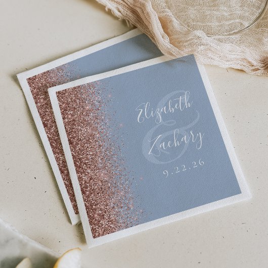 Modern Roos Gouden Glitter Dusty Blue Wedding Servet