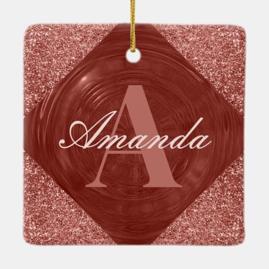 Modern Roos Gouden Glitter Girly Monogram Keramisch Ornament (Achterkant)