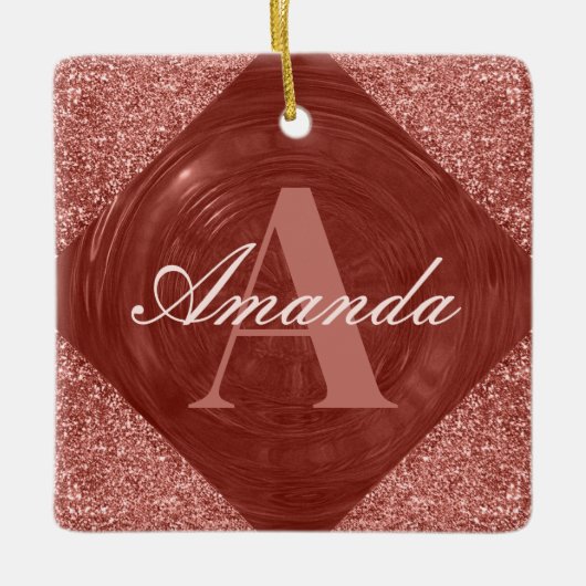 Modern Roos Gouden Glitter Girly Monogram Keramisch Ornament (Voorkant)