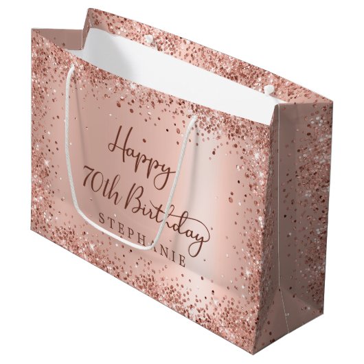 Modern Roos Gouden Glitter Monogram 70ste Verjaard Groot Cadeauzakje (Voorkant Gekanteld)