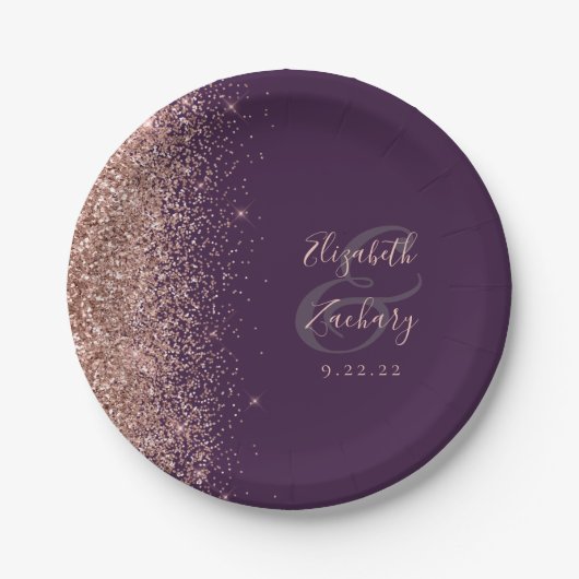 Modern Roos Gouden Glitter Paarse Bruiloft Papieren Bordje (Voorkant)