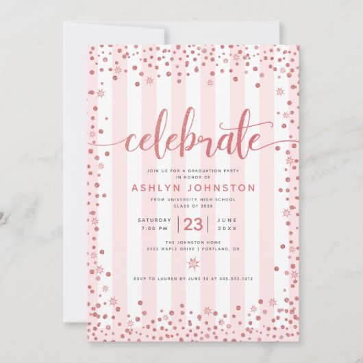 Modern roos gouden glitter script strepen afstuder kaart (Voorkant)