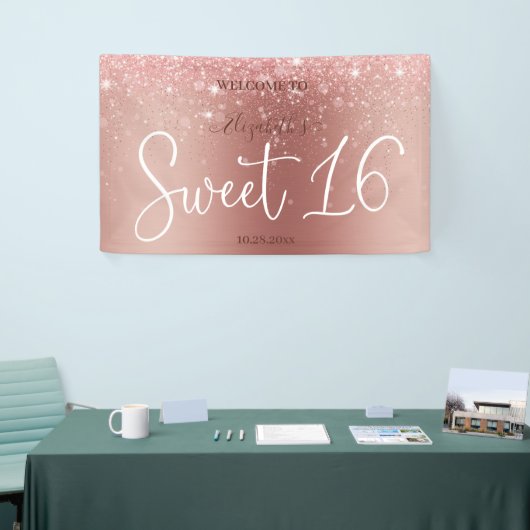 Modern Roos Gouden Glitter Sparkling Sweet 16 Spandoek (Beurs)