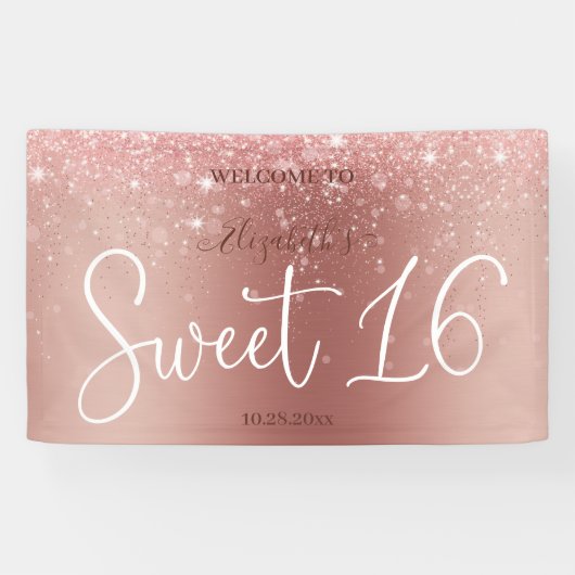 Modern Roos Gouden Glitter Sparkling Sweet 16 Spandoek (Horizontaal)