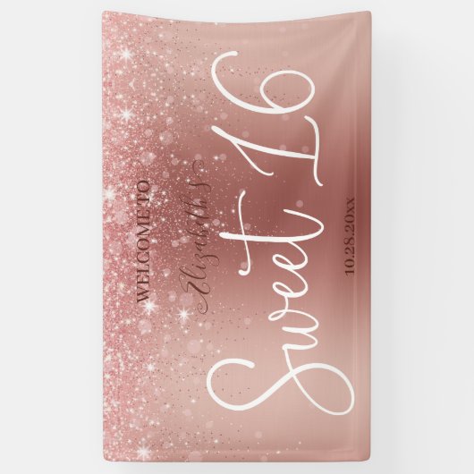 Modern Roos Gouden Glitter Sparkling Sweet 16 Spandoek (Verticaal)
