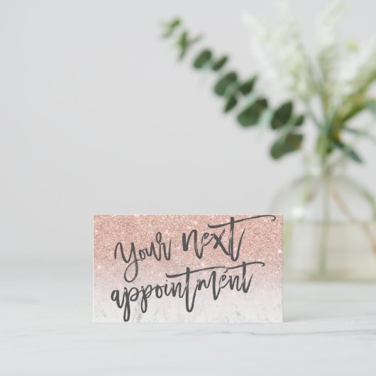 Modern roos gouden glitter wit script typografie afsprakenkaartje (Staand voorkant)