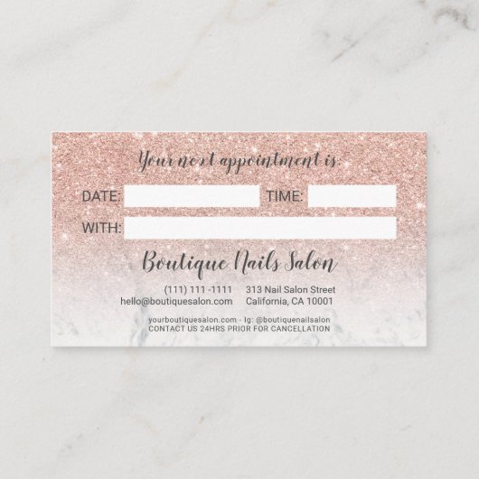 Modern roos gouden glitter wit script typografie afsprakenkaartje (Achterkant)