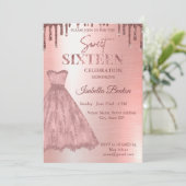 Modern Roos Gouden Jurk Glitter Sweet 16 Unique Kaart (Staand voorkant)